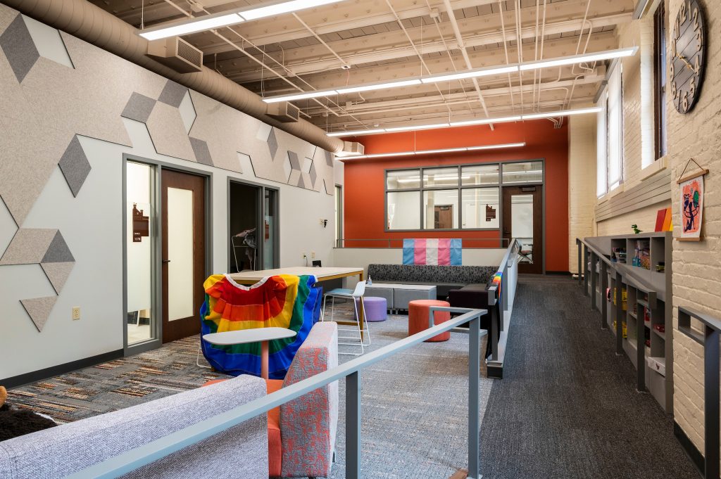 The living room, with colorful furniture.