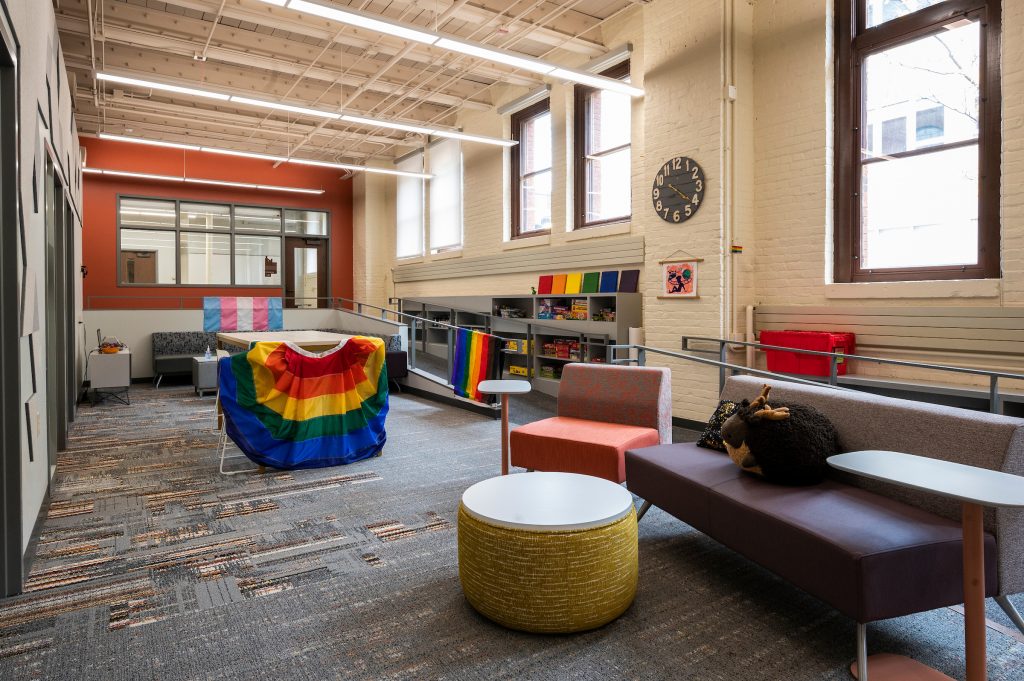 A view of the GSCC living room, with sofas and chairs.